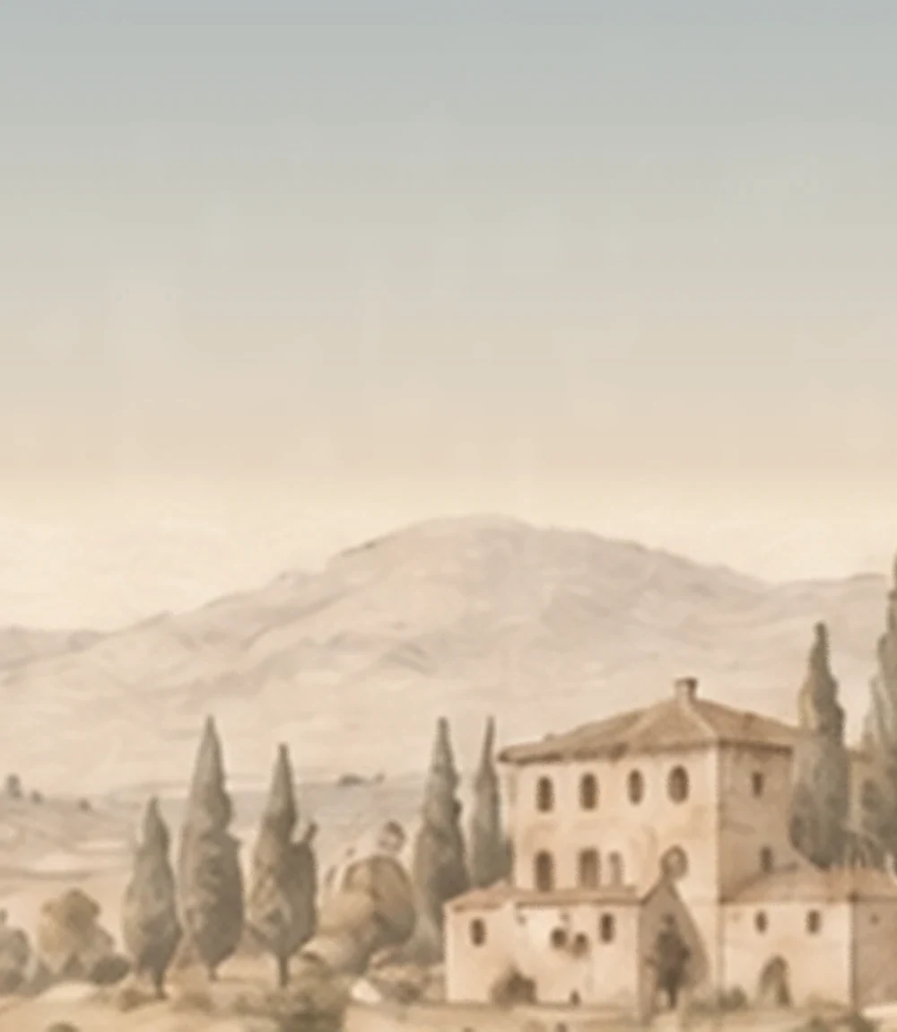 A painted view of Tuscan hills, cypresses and a villa